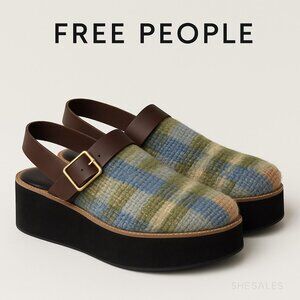 Free People Wool Platform Slingback Clogs Womens 9 Boho Woven Plaid Suede Strap